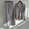 Pantaloni da donna a due pezzi da donna Elegante sciolto casual in cotone Set di lino Abito da donna Manica lunga Camicie con risvolto Gamba larga Elastico in vita 2023 Autunno