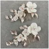 Hair Clips Bridal Wedding Combs White Ceramics Flower Hairpins Rose Gold Color Metal Leaves Headpieces Party Accessories