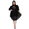 Abiti taglie forti Solid Large Polka Dot Mesh Splicing Gonna al ginocchio da donna Rete ondulata Girocollo Copriabito