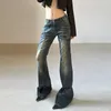 Jeans pour femmes Street Retro Femmes Bodycon Denim Pantalon clouté évasé noir avec ceinture longueur de plancher élastique Y2K dames streetwear