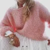 Suéter feminino feminino lanterna manga comprida em torno do pescoço suéter fofo fuzzy pulôver tops robusto malha cor sólida oversized solto jumper