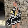 Casual Dresses Black and White Rands Sexy Backless Mini Autumn Club Party Flare Sleeve Sweaters For Women Beachwear 2023