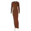 Casual Dresses Autumn Winter Mock Neck Long Sleeve Elastic Bodycon Robe Streetwear Vestidos Women Solid Ribbed Maxi Party Dress