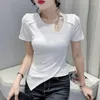 T-shirt da donna #5268 Camicia corta da club sexy da donna Scava fuori il colletto obliquo con manica a catena in cotone Streetwear Tee Moda coreana