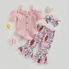 Kleidungssets Baby Mädchen Sommer Overalls Set Knopf Kurzarm Strampler und Kuhkopf Blumendruck Elastische Schlaghose Stirnband