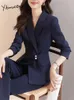 Pantaloni a due pezzi da donna Yitimuceng Abiti formali Set da donna 2023 Autunno Moda da ufficio Ladies Turn Down Collar Blazer Solid 231124