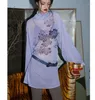 Chemisiers pour femmes chinois Halo colorant impression deux vêtements à lacets ample mi-longue chemise pour les femmes automne Transparent Unique haut