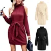 Casual Dresses Elegant Knit Dress With Neck And Cold Shoulder Waist Tie Mini Perfect For Various Occasions