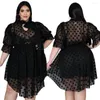 Abiti taglie forti Solid Large Polka Dot Mesh Splicing Gonna al ginocchio da donna Rete ondulata Girocollo Copriabito