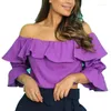 Chemisiers pour femmes Sweet Ruffles Blouse Sexy Tops à épaules dénudées 2023 Femmes Slash Nech Solid Color Short Shirt Summer Sleeve Clothes 25581