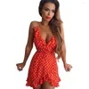 Casual jurken yx-8053 vrouwen zomer polka dot spaghetti riem onregelmatige jurk v nek flare mouw foure asymmetrische zoom vestido