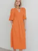 Casual Dresses Ootn Casual Elegant Wrap Robe Vneck Puff Sleeve Po Up Summer Dresses For Women 100% Cotton Comfort Holiday Aline Midi Dress 230425