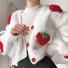 Damskie dzianiny Białe truskawkowe haft haftowy sweter kobiety Długie rękawie w szpic w szyku w pojedynczym piersi kardigany mody dzianinowe bluzki