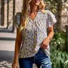 Kvinnors blusar Summer Short Sleeve Clothes Women Shirt Högen upp V-Neck Casual Loose Tops Fashion Print Blue 2023 Blusas 25457