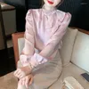 Kadın Bluzları 2023 Bahar Zarif Yaka Yay Saten Üstleri Kadınlar Uzun Kollu Şifon Gömlek Fanila Ofisi Leydi Pink Blusa