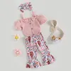 Kleidungssets Baby Mädchen Sommer Overalls Set Knopf Kurzarm Strampler und Kuhkopf Blumendruck Elastische Schlaghose Stirnband