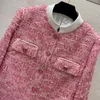 Outono rosa contraste cor conjuntos de vestido de duas peças manga longa gola tweed casaco de peito único cintura alta plissado conjunto de saia curta ternos de duas peças b3o202203