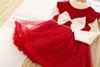 Xmas children princess clothes sets girls falbala fly sleeve Bows belt sequins lace tulle dress bottoming shirt 2pcs christmas kids warm winter outfits Z5599