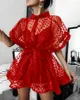 Vestido de roupas étnicas para mulheres 2023 DOT impressão semi -pura abotoado mock pescoço de manga curta mini festa sexy clubwear vestidos elegantes para