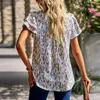 Kvinnors blusar Summer Short Sleeve Clothes Women Shirt Högen upp V-Neck Casual Loose Tops Fashion Print Blue 2023 Blusas 25457