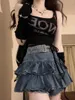 Spódnice 2023 japońska wstążka wysokiej talii dżinsowa spódnica plisowana retro Y2K dziewczyna A-line biodro
