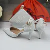 Klänningskor Spring White Ab Bling Bridals Bröllop och väska Set Woman Thin Heel Ankle Strap Party Matching Point Toe Pumpar