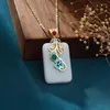 Chaînes Style chinois émail artisanat incrusté naturel un blanc Jade carré collier pendentif exquis clavicule chaîne bijoux pour femmes