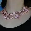 Chains Iced Out Pink Butterfly Charm Choker Necklace Micro Pave 5A Cz Coffee Beaded Chain 15" 16" Hip Hop For Women Lady
