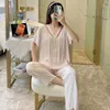 Vêtements de nuit pour femmes Spring Summer Pyjamas Femmes Pantalons à manches courtes Costume Coton Rayon VNE Coréen Home Wear Set Grande Taille Dames Vêtements de nuit