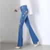 Women's Jeans Office Lady Floral Embroidered Flare Spring Autumn Korean Streetwear Fashion Women Pants Denim High Waist Casual Trousers