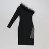 カジュアルドレスセシディ2023女性メッシュパッチワークブラックドレスとフェザーセクシーな片方の肩エレガントなクラブイブニングパーティーレールドレスカス