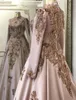 2023 Dusty Pink Hijab Muslim Evening Dresses For Women High Neck Long Sleeves Beaded Lace Appliques A-Line Satin Formal Party Gowns Bride Prom Wear