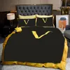 Fashion bedding set with letters cartoon delicate western style 4 pcs luxury king bedroom accessories black designer bedding with gold color edge JF021 B23