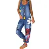 Jeans 2021Autumn Neue Plus -Größe Jumpsuit Bekleidung Frauen ärmellose Blumendrucktaschen Lange Hosen loser Gesamtmodus -Jumpsuit Strampler