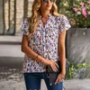 Kvinnors blusar Summer Short Sleeve Clothes Women Shirt Högen upp V-Neck Casual Loose Tops Fashion Print Blue 2023 Blusas 25457