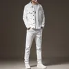 Parcours d'automne printemps Ensembles de jeans extensible blanc pour hommes Veste et pantalon à manches longues minces décontractées 2 pc
