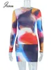 Zweiteiliges Kleid Joskaa Multicolor Print Zweiteiler Damen Sexy O-Ausschnitt Langarm T-Shirts und Minirock Passende Party Club Outfits 230425