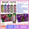 Original UZY Bar 8000 Puff Disposable vape 1.2ohm Mesh Coil 18ml Pod Battery Rechargeablel E Cigarettes Puffs 8K 0% 2% 3% 5% Customizable