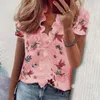 Women's Blouses Women Blouse Top V Neck Shirring Ruffle Edge Short Sleeves Flower Print Loose Pullover Soft Lady Dating Party Shirt