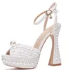 Summer Sacaria Dress Wedding Shoes Pearl-embellished Satin Platform Sandaler Elegant Women White Bride Pearls High Heels Ladies Pumps EU36-43 Heels 14cm
