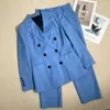 Mulheres duas peças calça blazer e calças conjunto final lã penteada azul duplo breasted magro casual para terno profissional alta quaity senhora 231124