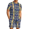 Fatos masculinos Polinésio Tribal Tongan Totem Tatuagem Tonga Imprime Mens Estilo Lapela Conforto Respirável Manga Curta Shorts Azul Terno Esportivo