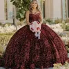 Vermelho escuro brilhante lantejoulas querida vestido de baile quinceanera vestidos contas doce 16 vestido pageant vestidos de 15 anos