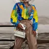 Женские блузки, модные топы на пуговицах с отворотами и шнуровкой, осень 2023, женская рубашка с принтом и принтом, универсальная офисная женская блузка-кардиган