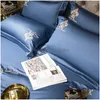 Bedding Sets Thicken 60S Egyptian Cotton Set Embroidered 4Pcs Blue Grey Duvet Er Bedsheet Pillowcases Solid Color European Style Dro Dhzpc
