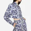 Suits Summer New Women's Poplin Majolica Print Skirt Set Lapel Single Breasted Cropped Shirt High Waist ALine Skirt Two Piece Set XL