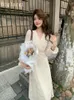 Robes décontractées à manches longues dentelle robe midi femmes élégantes dames fête française col en v femme femme bureau coréen vêtements