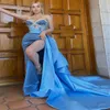 Luxo azul vestido de baile com cristal frisado plus size sereia vestidos de noite querida tribunal trem ocasião vestido de aniversário 2024 lindos vestidos formais para mulheres