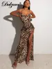 Casual Dresses Dulzura Leopard Print Women Chain Strap Side Slit Maxi Dress Backless Bodycon Sexig Streetwear Festival 2023 Evening Elegant 230426