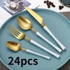 Dinnerware Sets 30/24/18pcs White Gold Cutlery Tableware Matte Fork Spoon Knife 18/10 Stainless Steel Luxury Dinner Set Holiday Gift